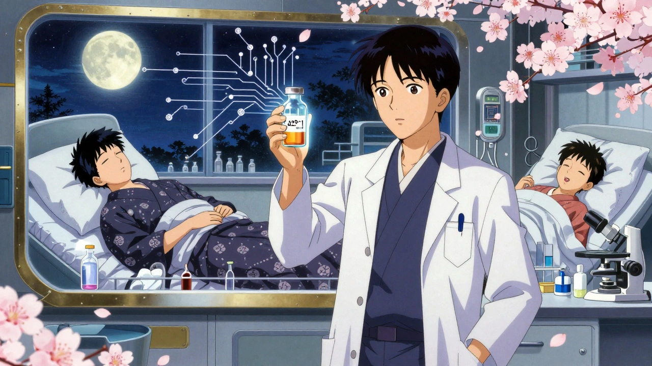 A scientist holding a next-gen drug vial, with split images of peaceful and restless patients amid cherry blossoms and neural patterns.