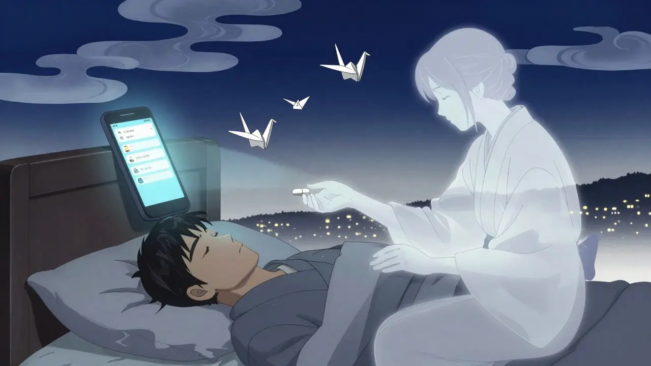 A smartphone glows at night as a paper crane flies upward, symbolizing a comforting medication reminder.