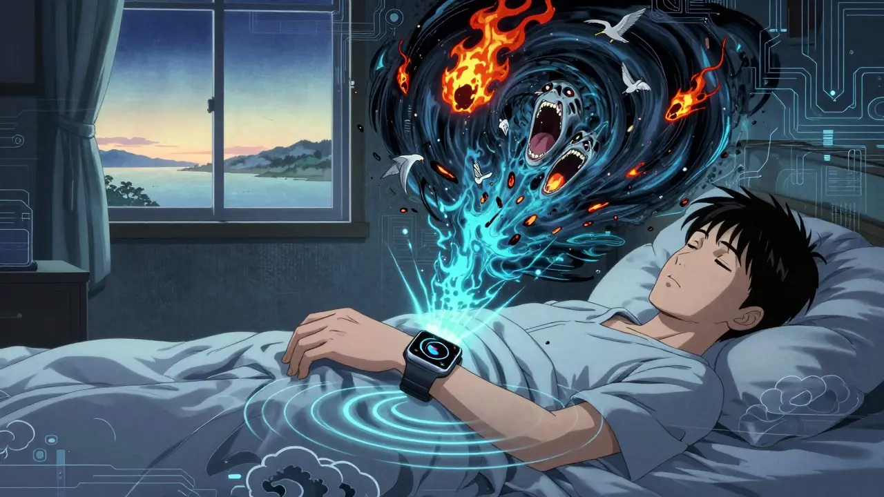 A smartwatch emits calming vibrations that dissolve nightmare vortexes into serene water and birds at dawn.