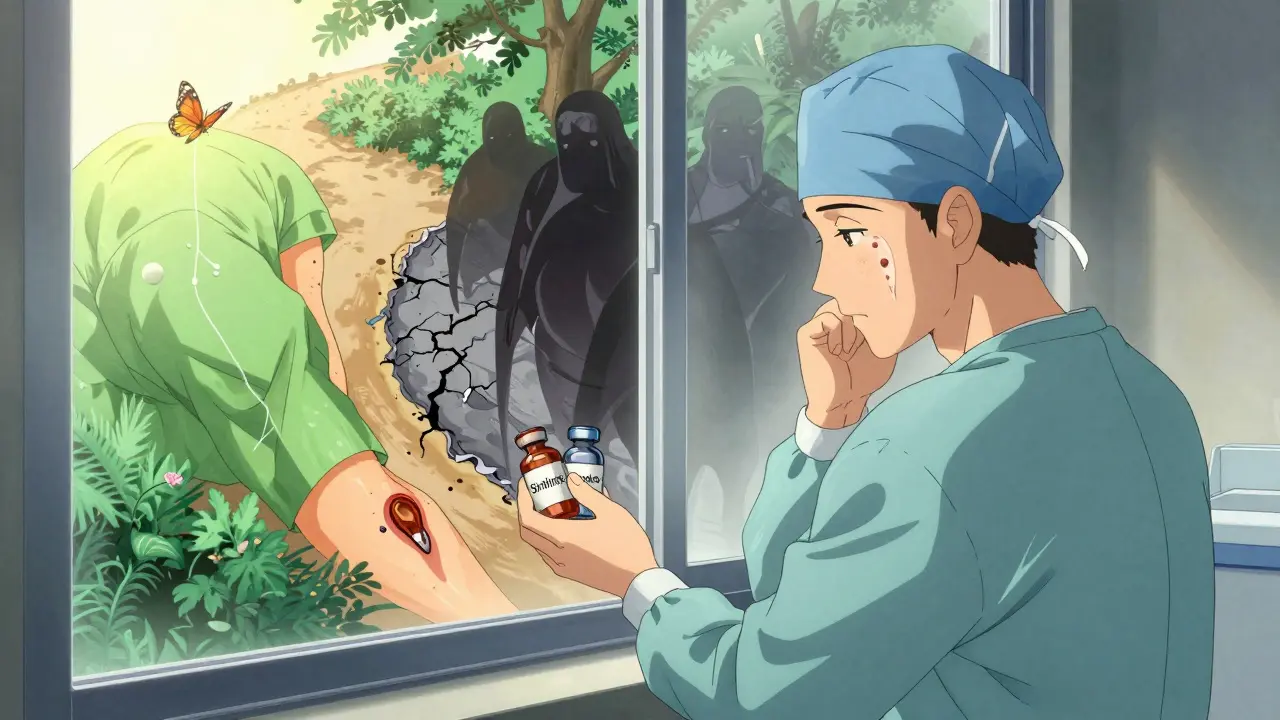 A surgeon choosing between two drugs, with one path showing healthy healing and the other showing complications.