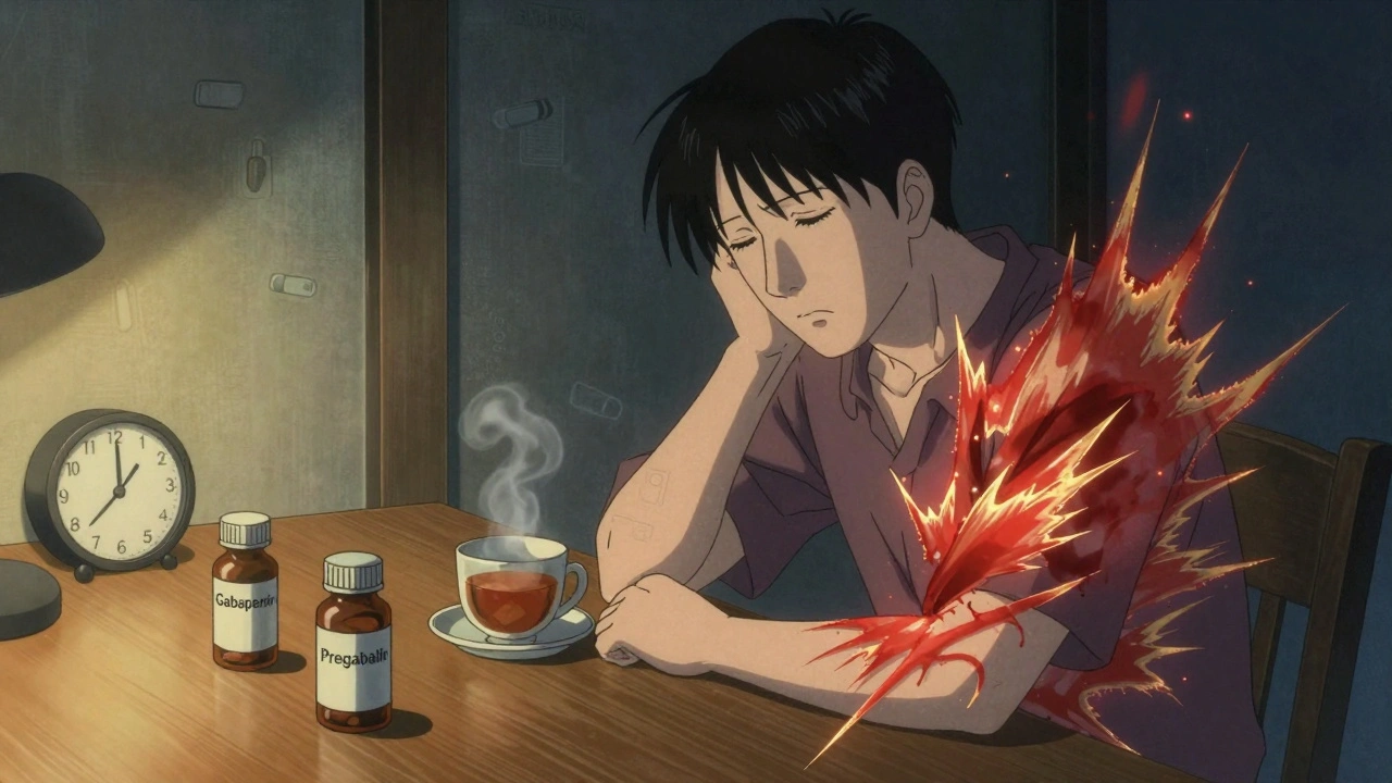 A tired person at dawn with pill bottles and pain waves radiating, lit by warm tea steam and cool night light.