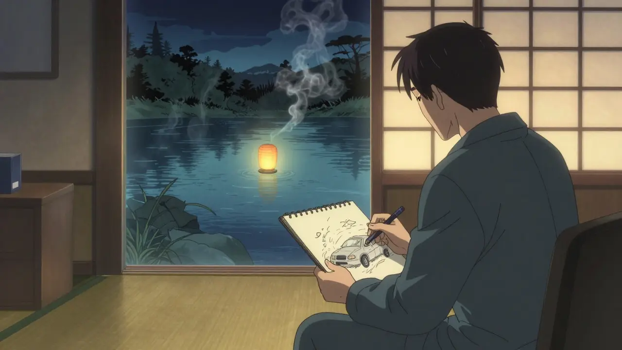 A veteran redraws their nightmare into a peaceful river scene, with the old trauma fading behind them.