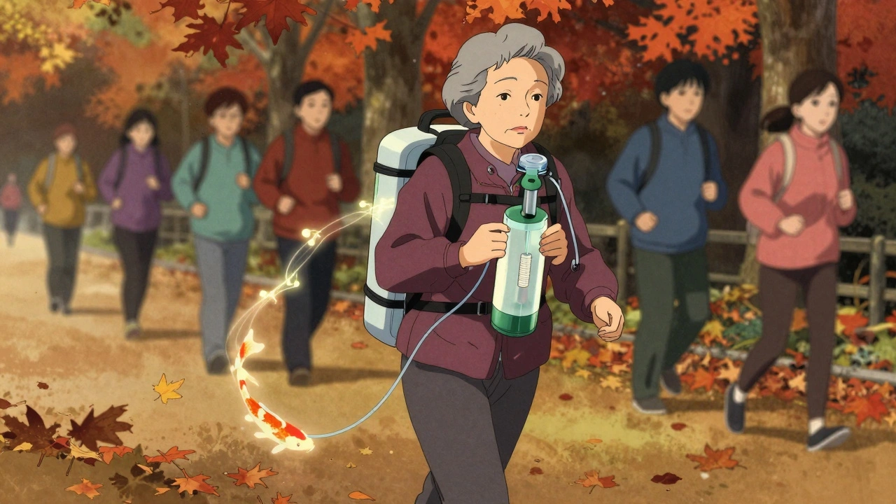 An elderly woman walks in a park with a portable oxygen tank, autumn leaves swirling around her.