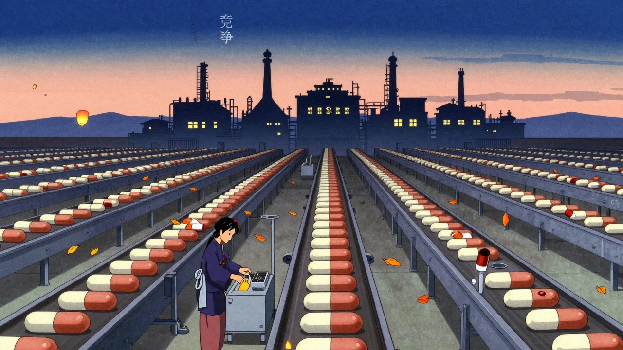 An endless factory floor with thousands of pills moving like leaves, surrounded by silhouettes of competing manufacturers under a twilight sky.