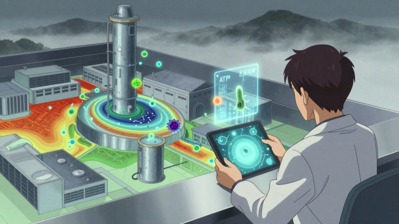 Analyst viewing real-time contamination data as holographic spores and patterns over a facility model.