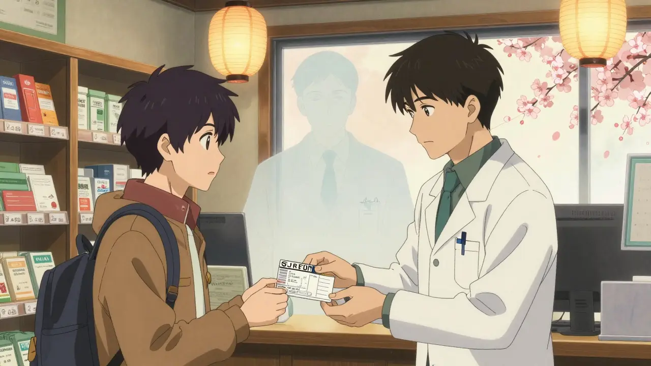 Canadian pharmacist handing new prescription to American traveler with cherry blossoms outside.