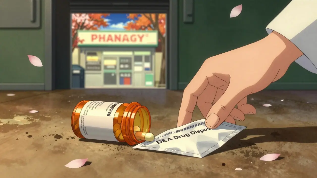 Child's hand reaching for a pill bottle in the garage, pharmacist's hand guiding them to a safe disposal envelope.