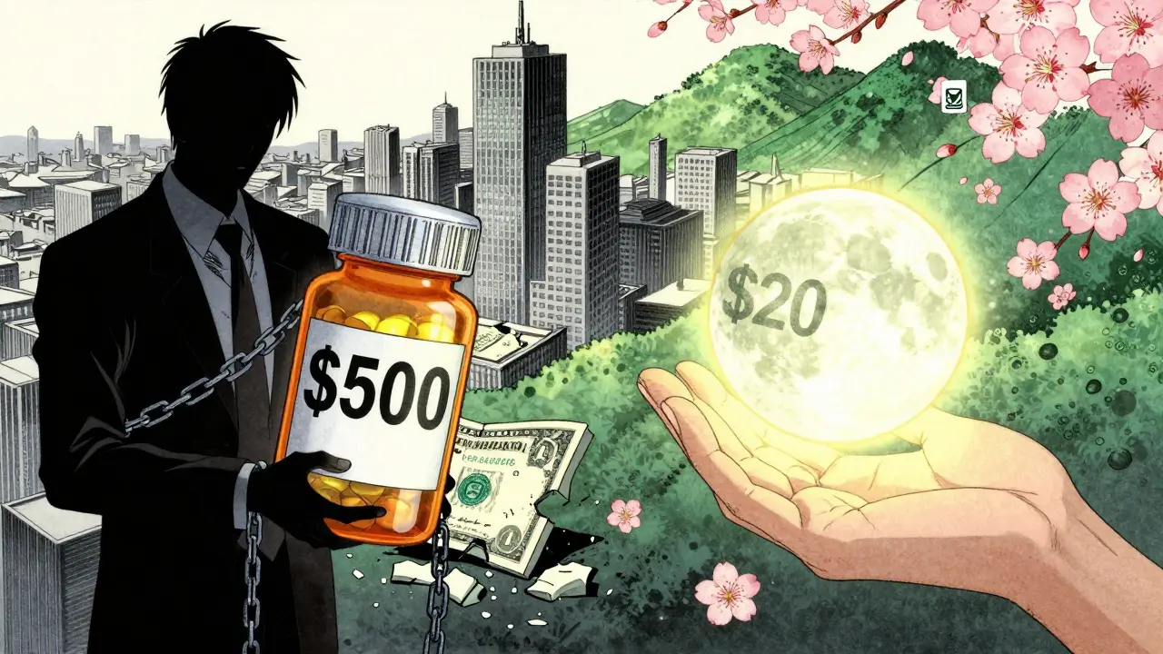 Contrast between expensive brand-name drug and affordable generic pill, surrounded by falling cherry blossoms and financial symbols.