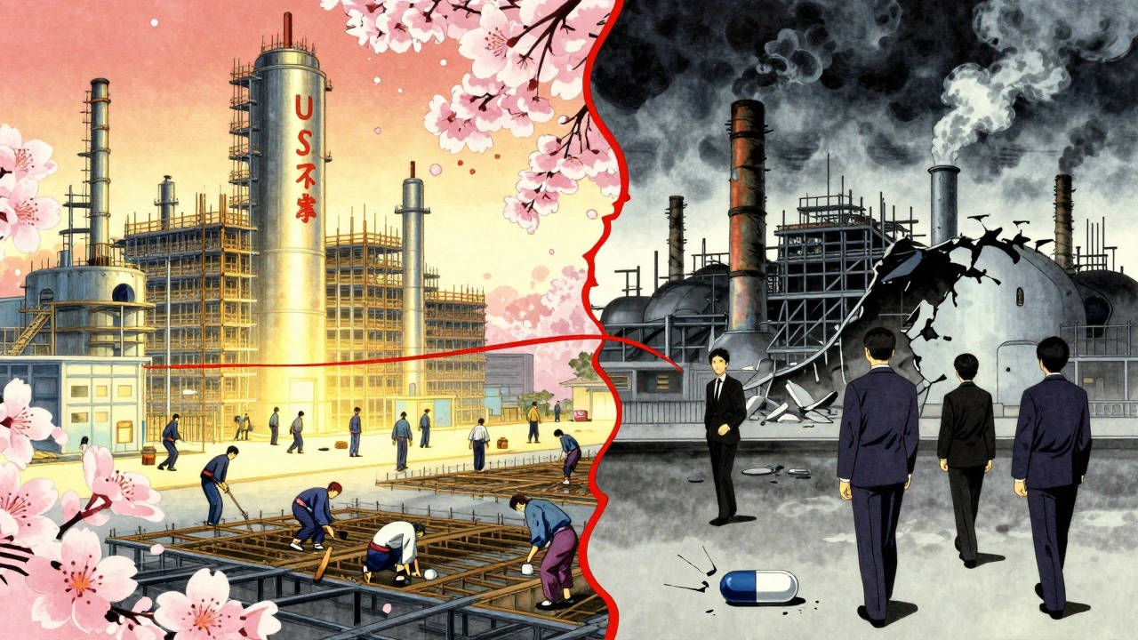 Contrasting U.S. and Indian drug factories connected by a fraying silk thread.