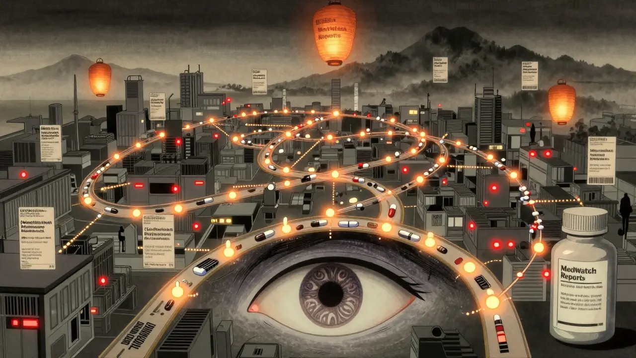 Digital supply chain river watched by a giant FDA eye, with patient reports as floating lanterns.