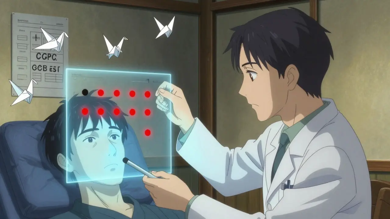 Doctor using visual field test with glowing dots showing vision loss in one eye.