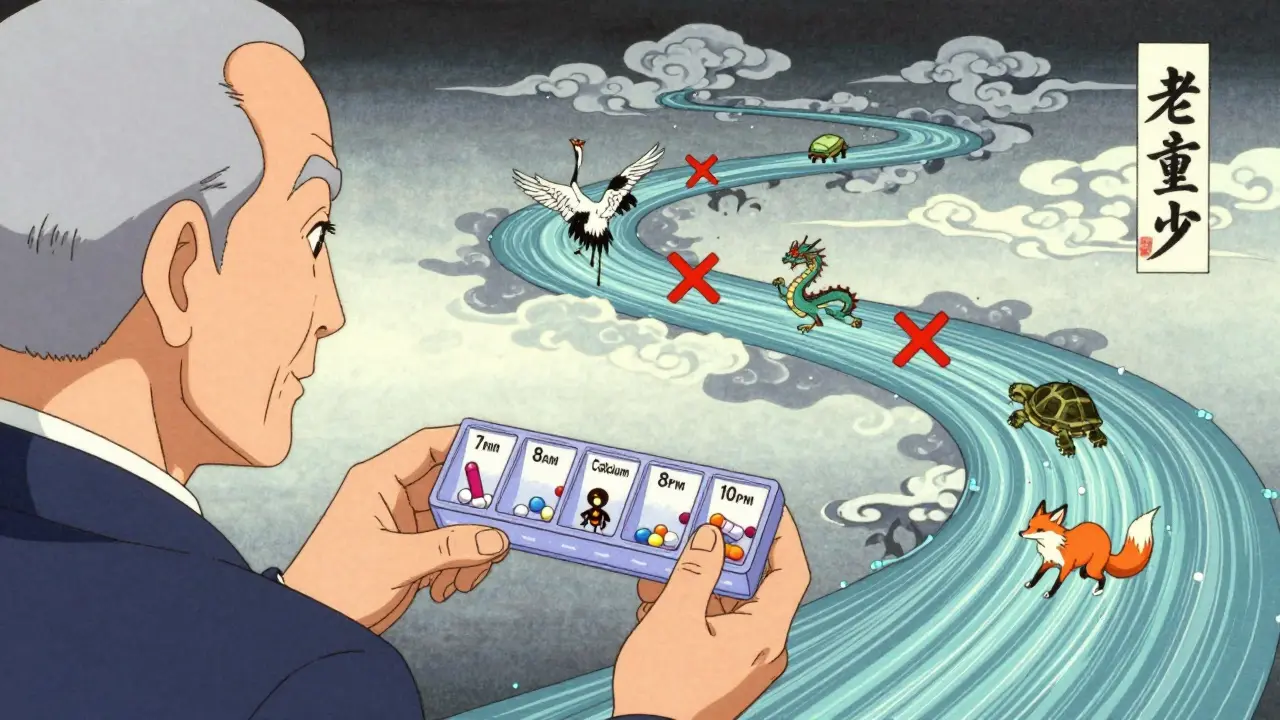 Elderly man with pill organizer, each pill represented as a spirit animal along a time river.