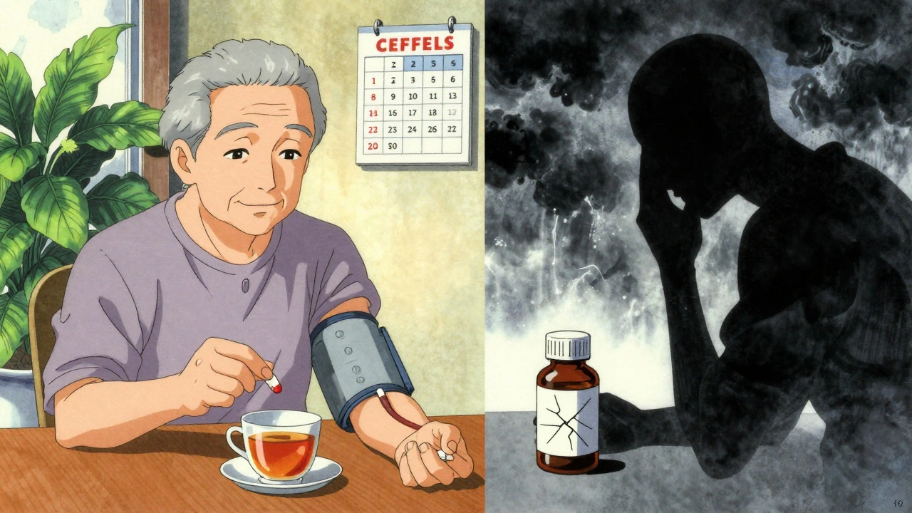 Elderly patient taking generic medication peacefully, contrasting with a hesitant figure in shadow.