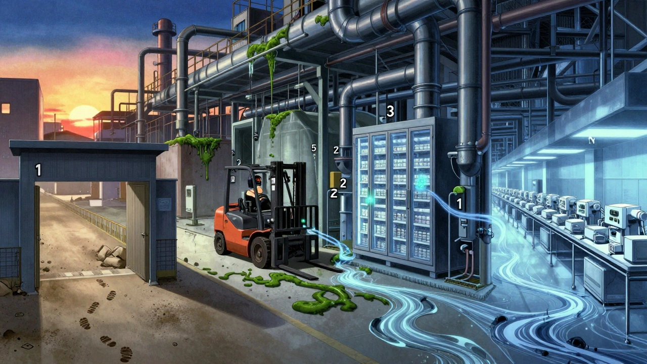 Factory zones illustrated with invisible contamination paths, from entryway to sterile production line.