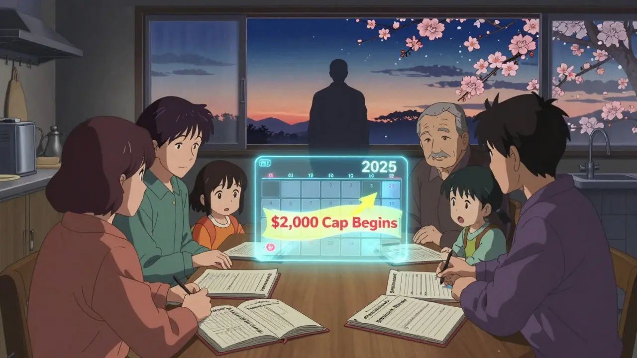 Family reviewing Medicare Part D documents at table as elderly figure walks away without medication.