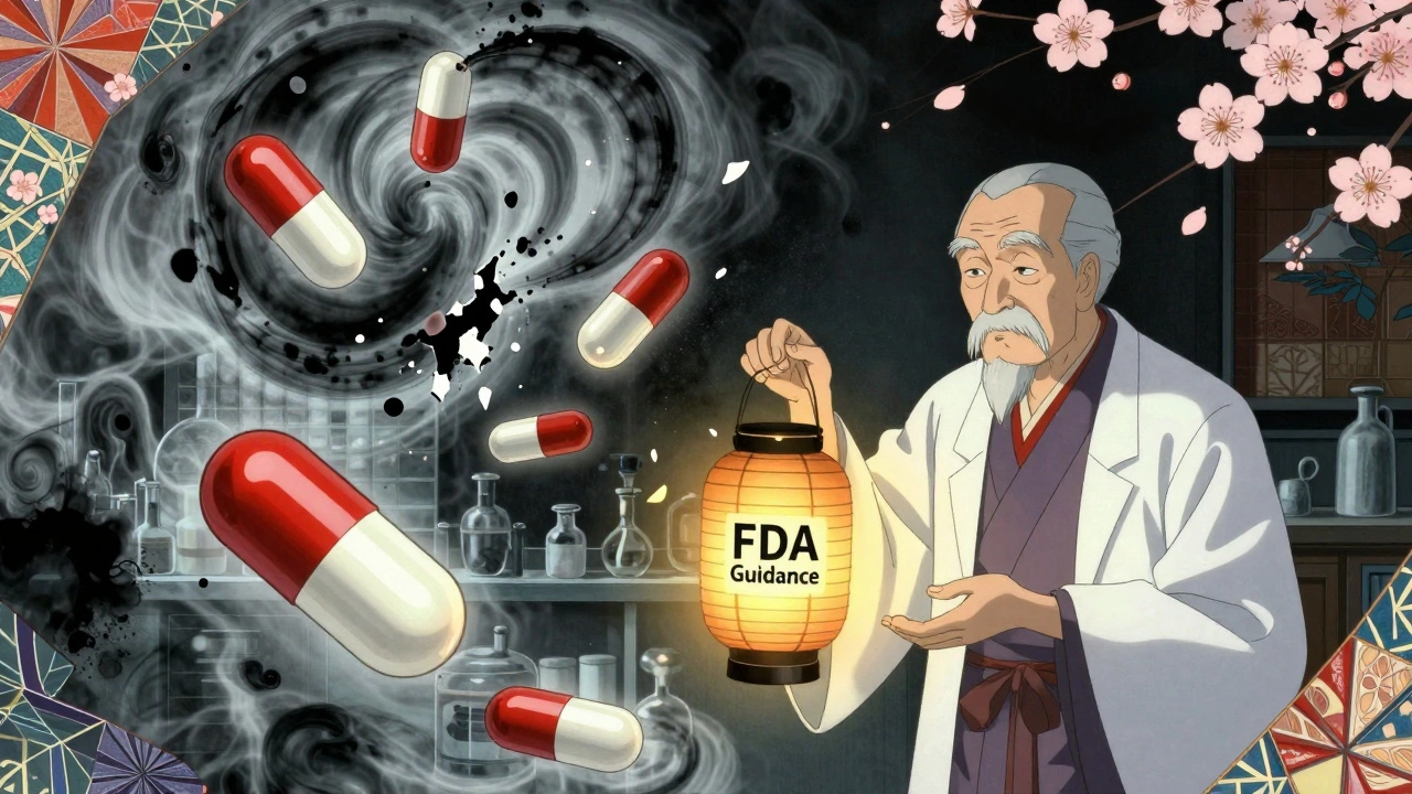 Floating pills dissolving into ink patterns, pharmacist holding lantern labeled FDA Guidance.