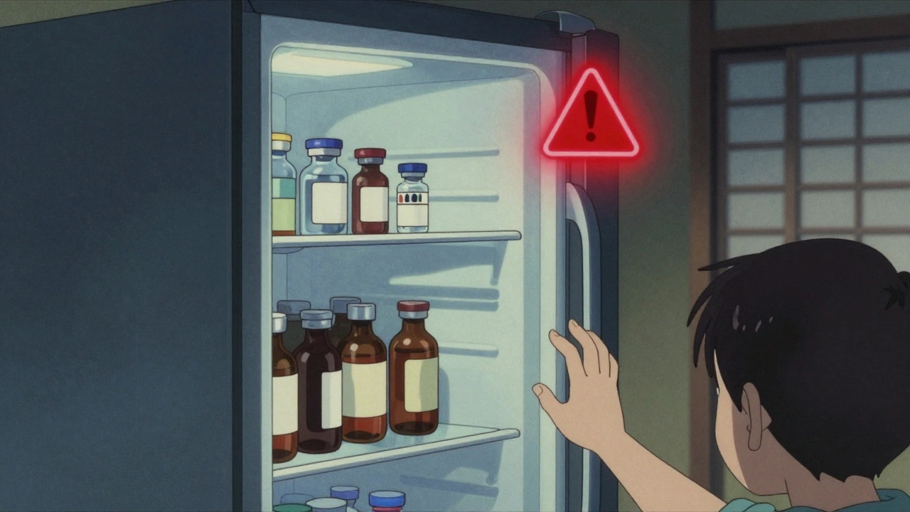 Insulin vials and eye drops on a refrigerator shelf, cool blue tones, a glowing red warning icon above the door.