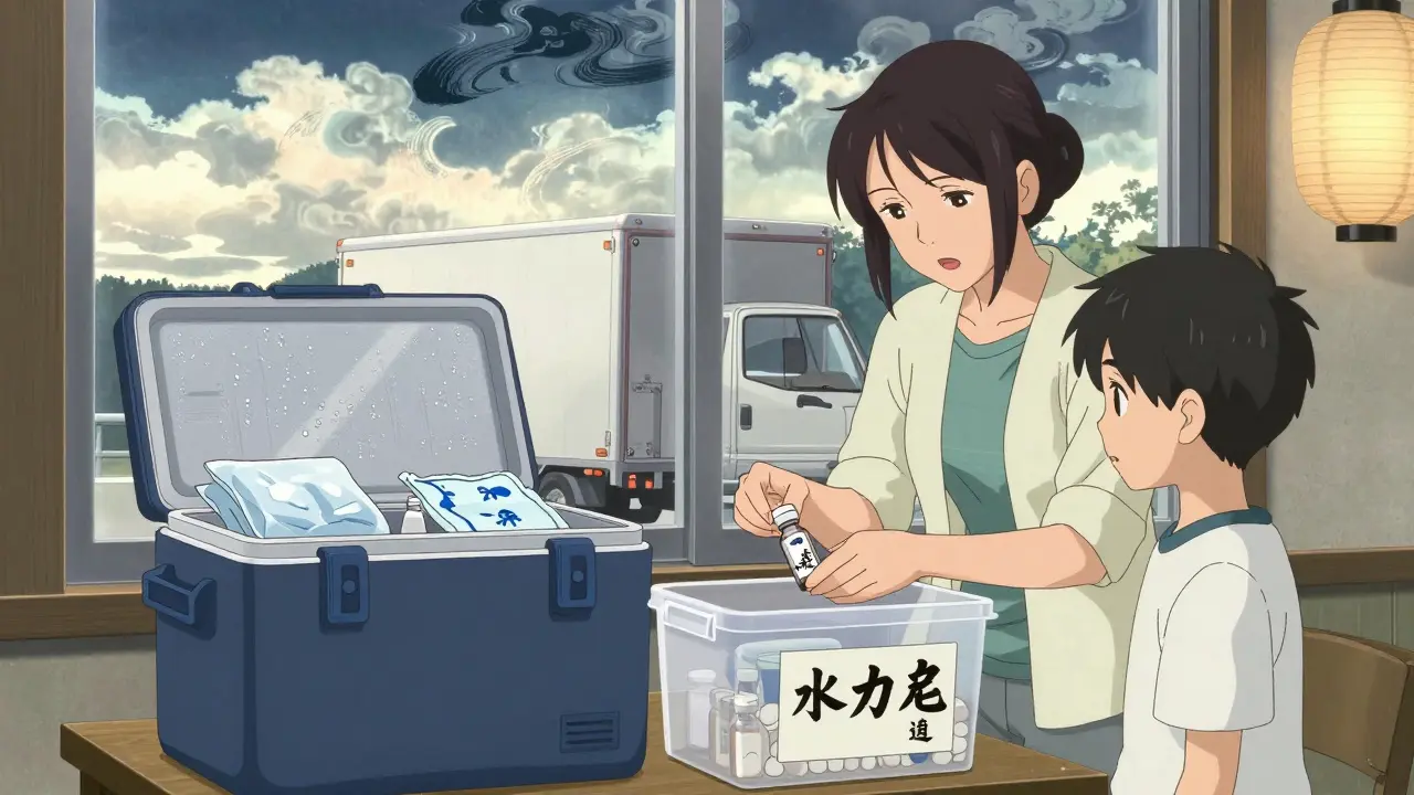 Mother packing insulin in a cooler with ice packs while labeling a bin for a move, son watching nearby.