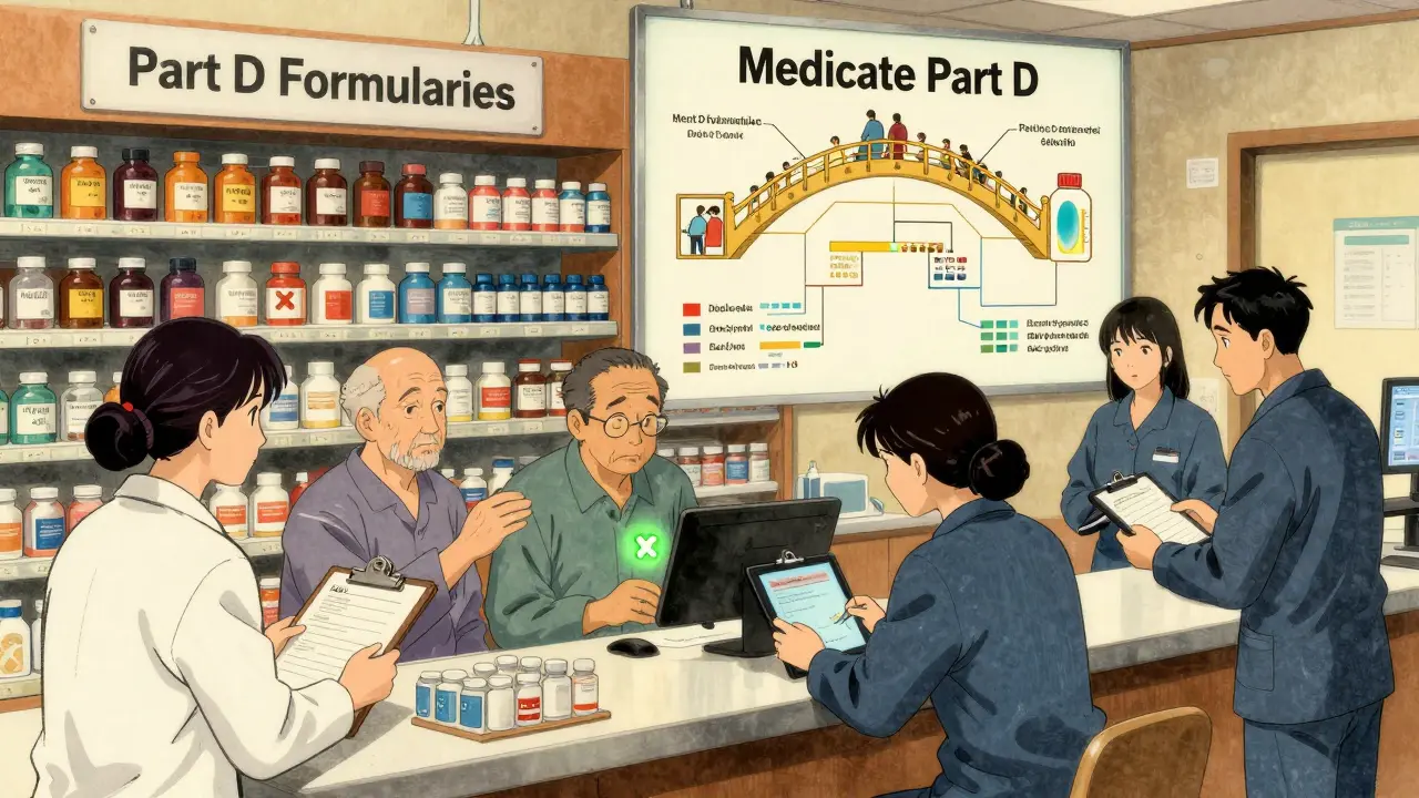 Nursing home pharmacy staff managing medication formularies with glowing and crossed-out prescriptions.