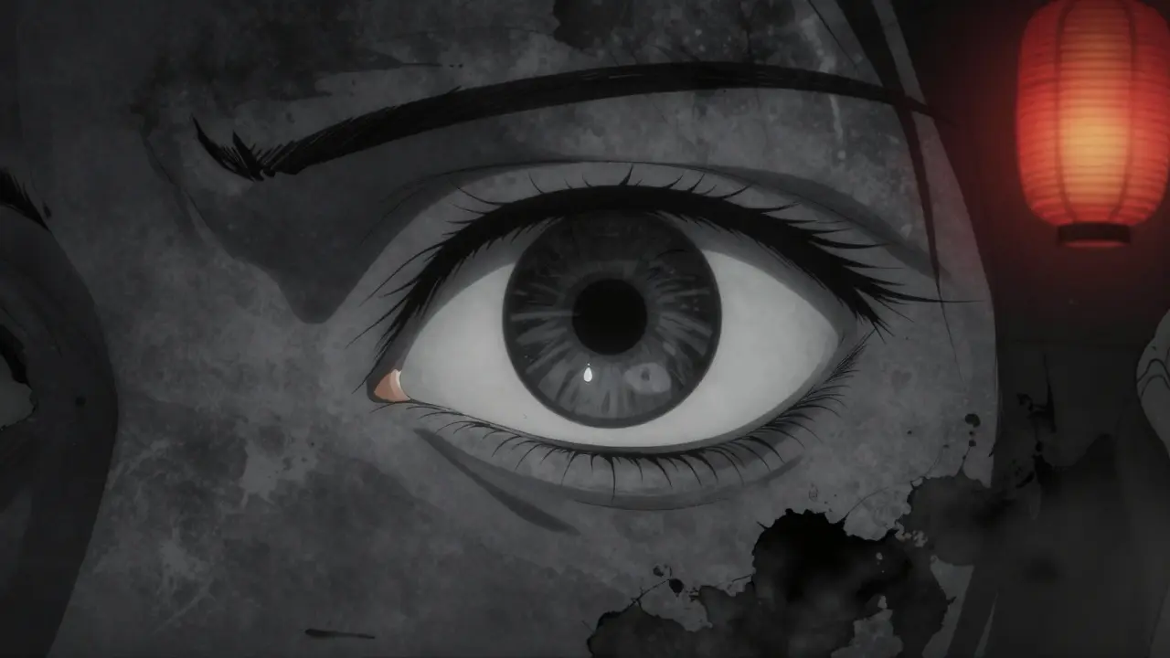 One eye fading to gray while the other remains clear, symbolizing retinal migraine.