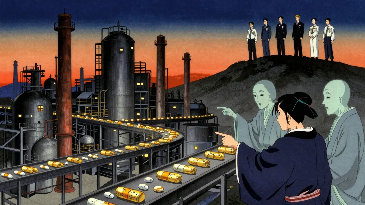 Overseas factory at dusk with inspectors watching flawed pill batches under ghostly ancestral gaze.
