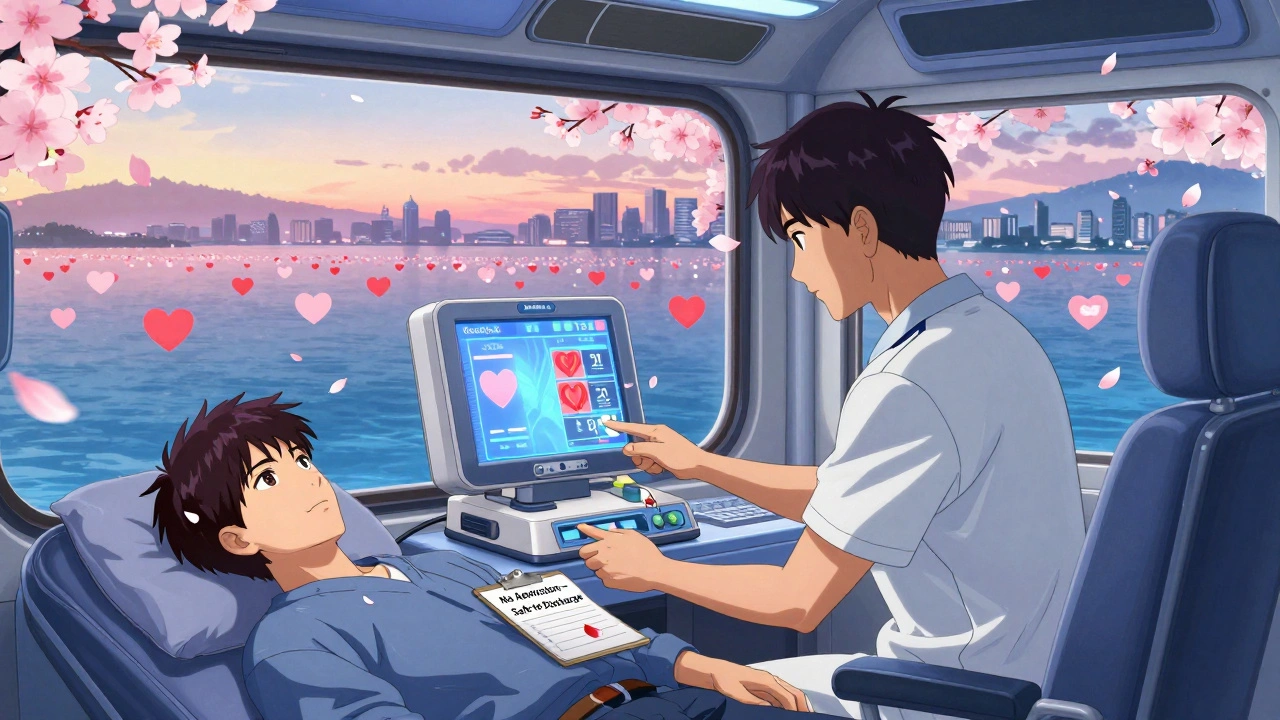 Paramedic using point-of-care NT-proBNP device in ambulance, with cherry blossom countdown and heart symbols.