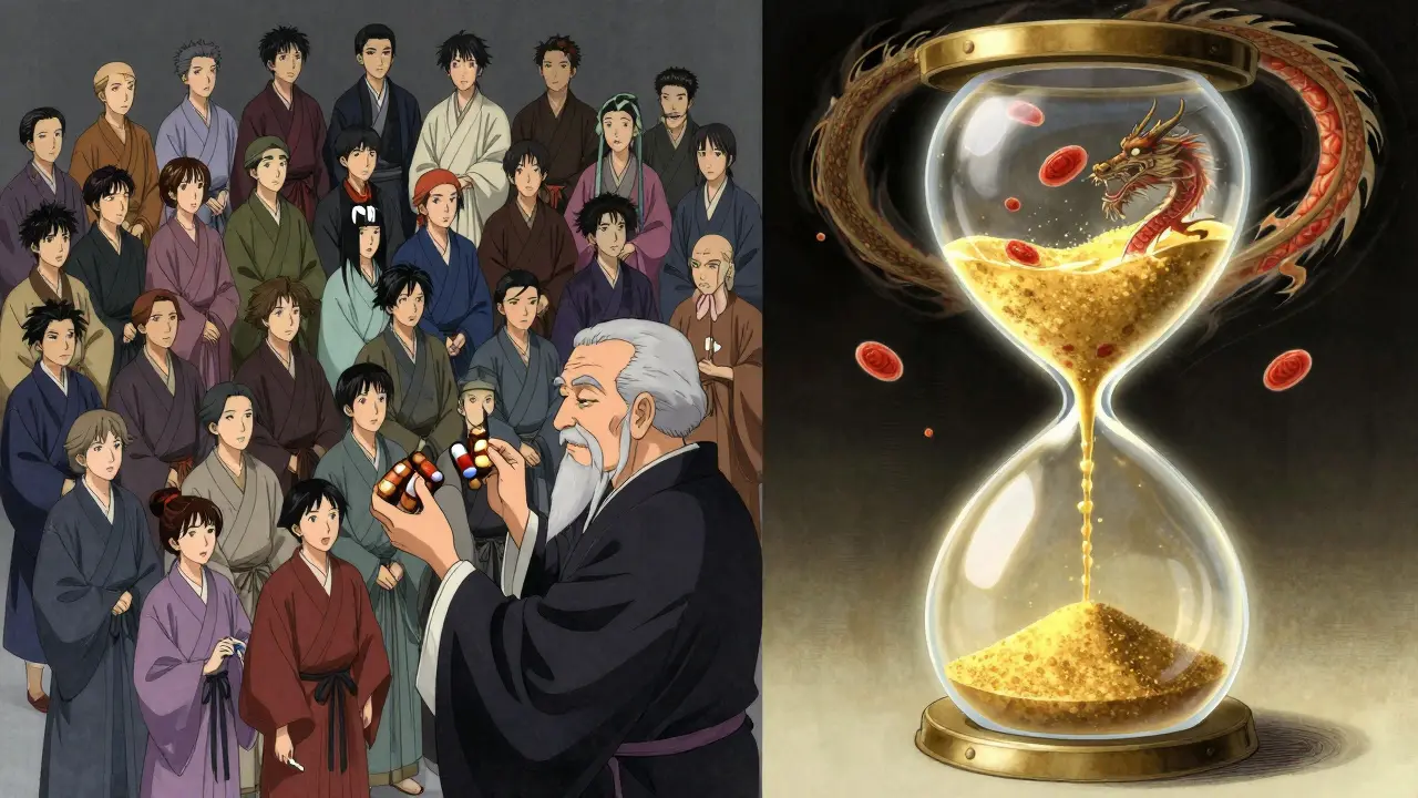 Participants assigned to TR and RT sequences by an elder, with a glowing hourglass symbolizing washout and blood cell dragon dissolving.