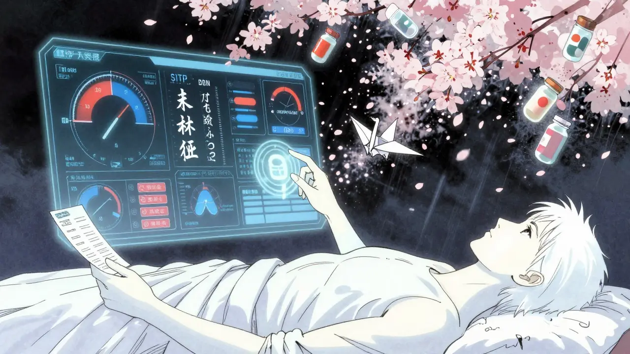 Patient with hovering AI medical interface showing organ risks, holding medication list as pills turn to petals.