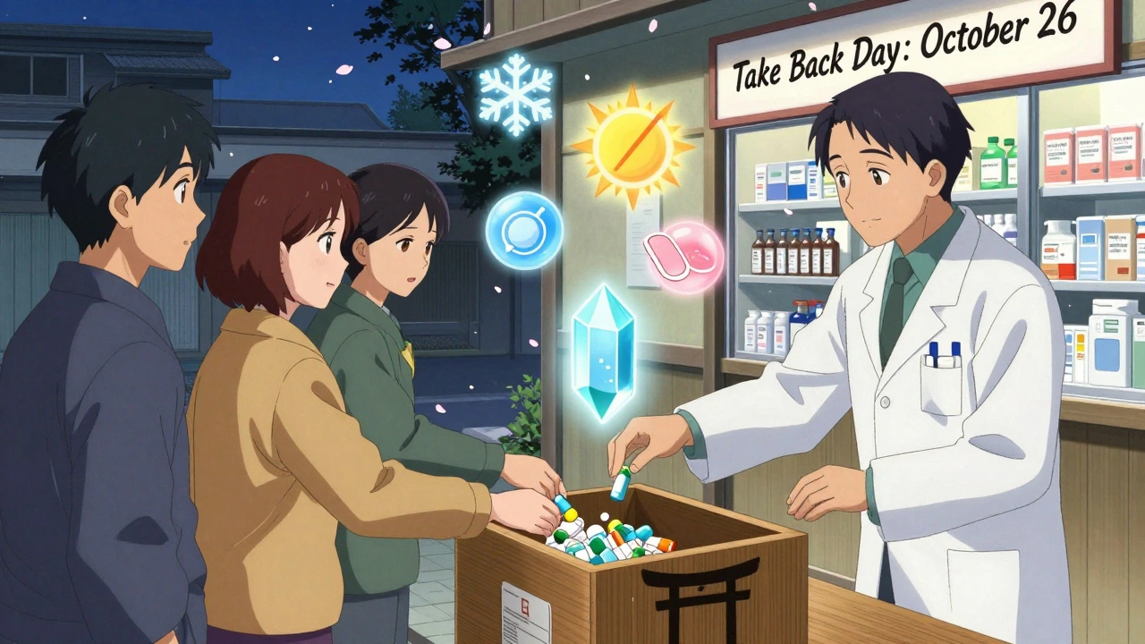People donating expired meds at a pharmacy bin shaped like a torii gate, with floating storage icons and falling cherry petals.