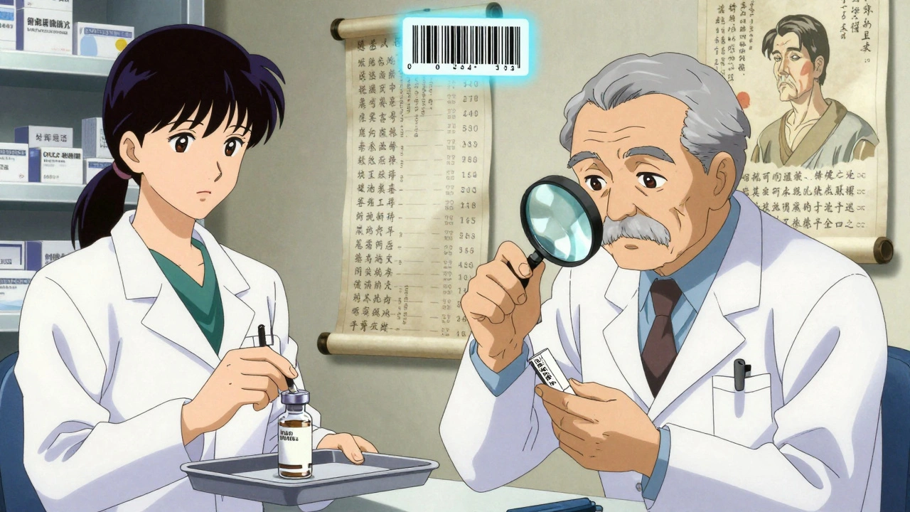 Pharmacist double-checking insulin dosage with magnifying glass as barcode glows beside them.