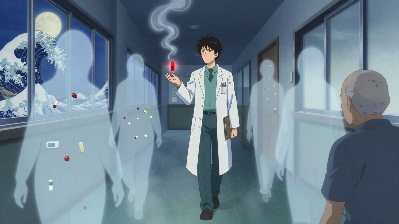 Pharmacist walking through hospital hallway, dissolving medication errors fading into mist behind them.