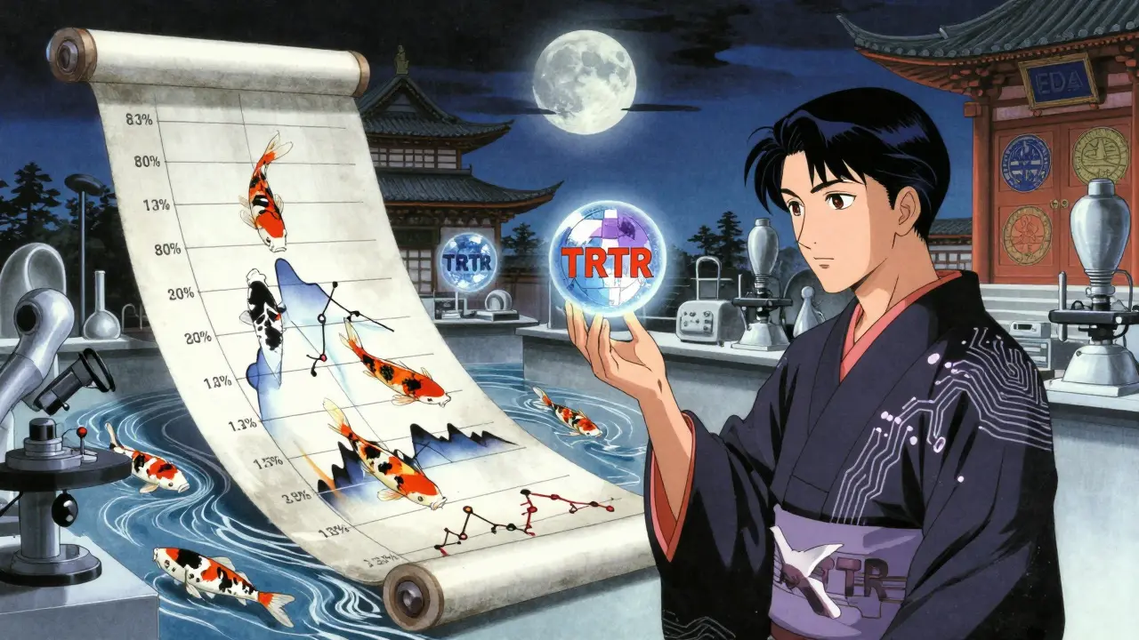 Scientist analyzing floating replicate design data orbs, with confidence interval koi fish swimming through pharmacokinetic rivers.