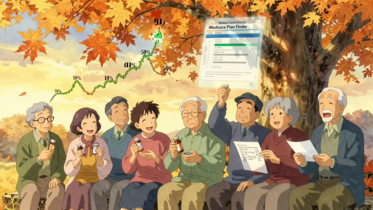 Seniors under a maple tree comparing pill bottles, with floating Medicare Plan Finder interface and rising generic prescription data.
