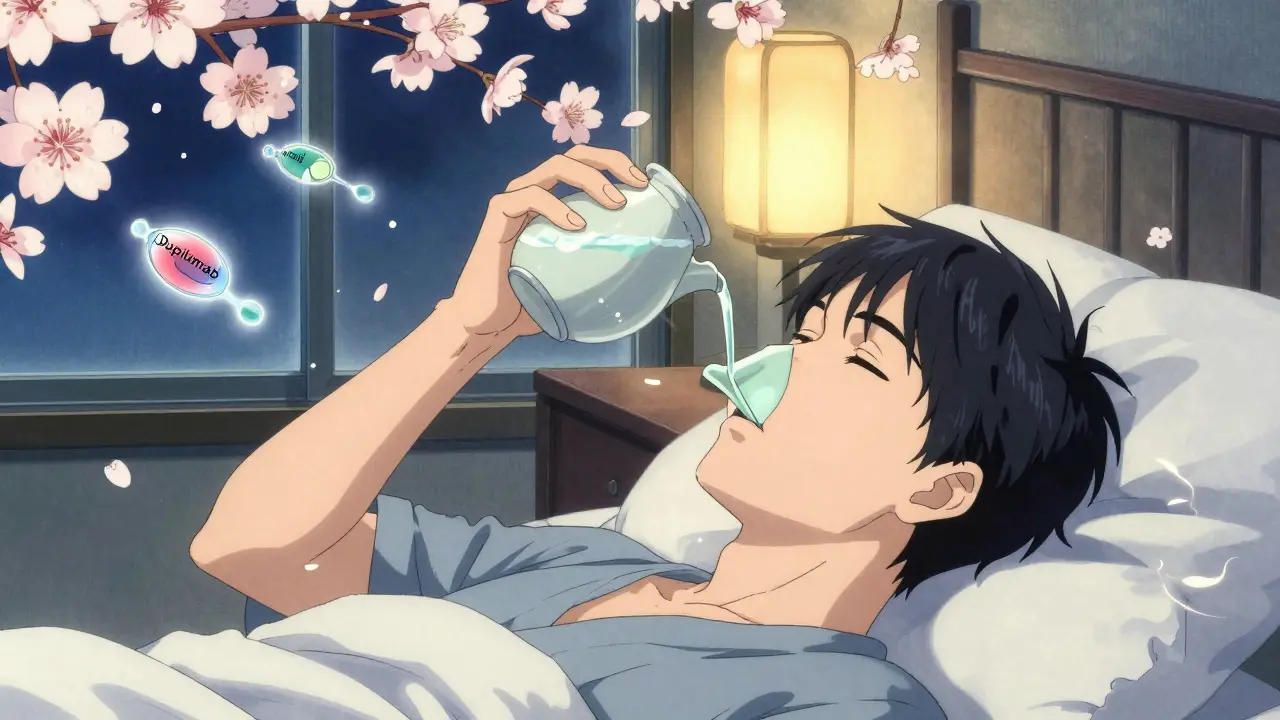 Someone using nasal irrigation at night, with glowing saltwater flow and biologic molecules like cherry blossoms.