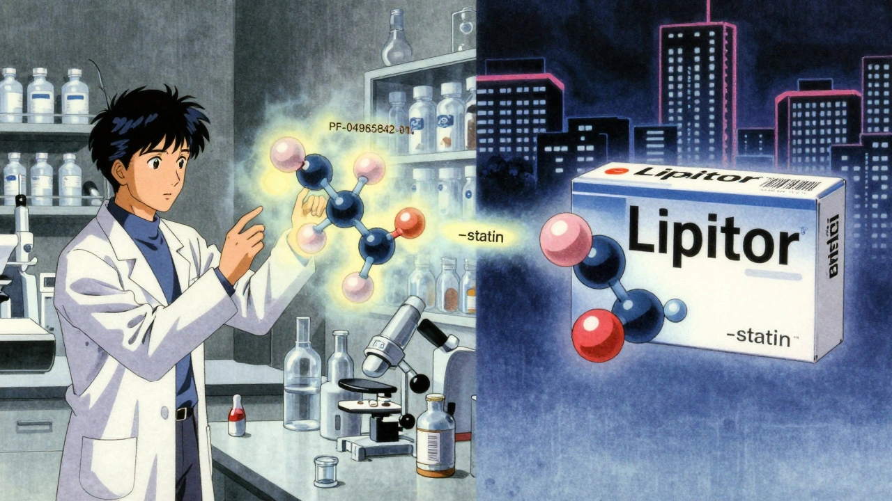 Split scene: lab scientists study a molecular code while a branded pill box glows beside a city skyline.
