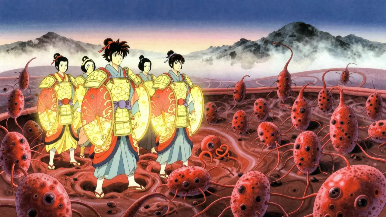 Surreal battle inside the body: luminous IgG warriors block autoantibodies while macrophages stand down in a stylized anime landscape.
