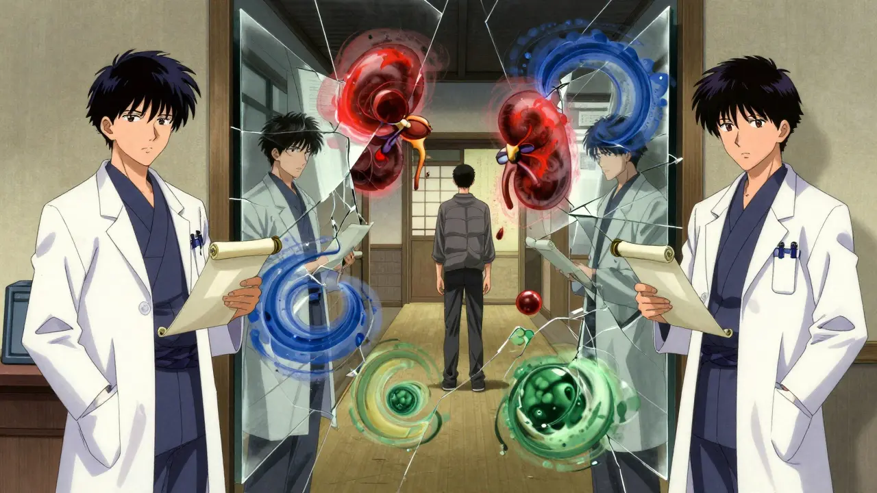 Three doctors holding prescriptions in separate rooms, reflections overlapping with drug interaction vortexes.
