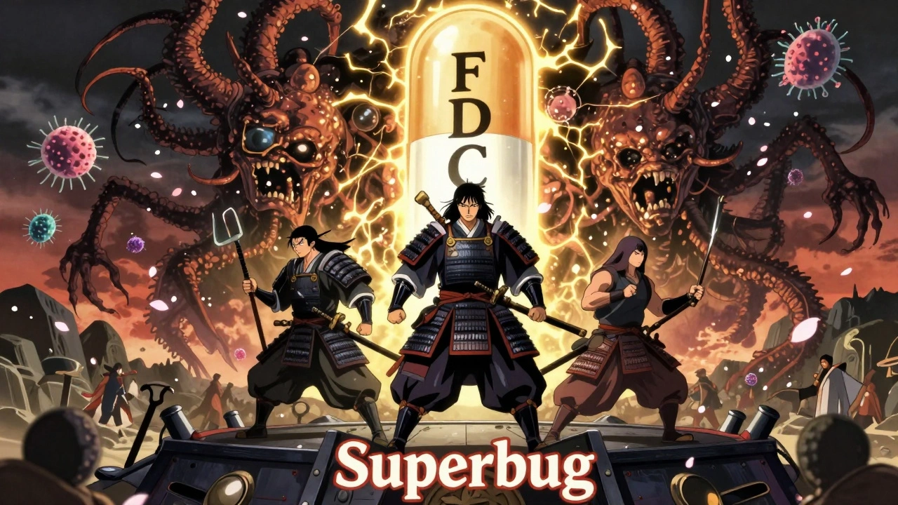 Three warriors united on a pill-shaped platform battling a multi-headed superbug in a symbolic battle.