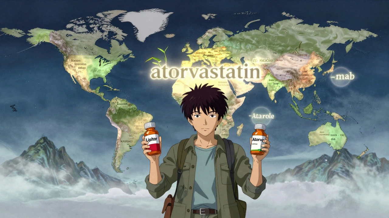 Traveler holds two different pill bottles as global brand names surround a glowing universal generic name.