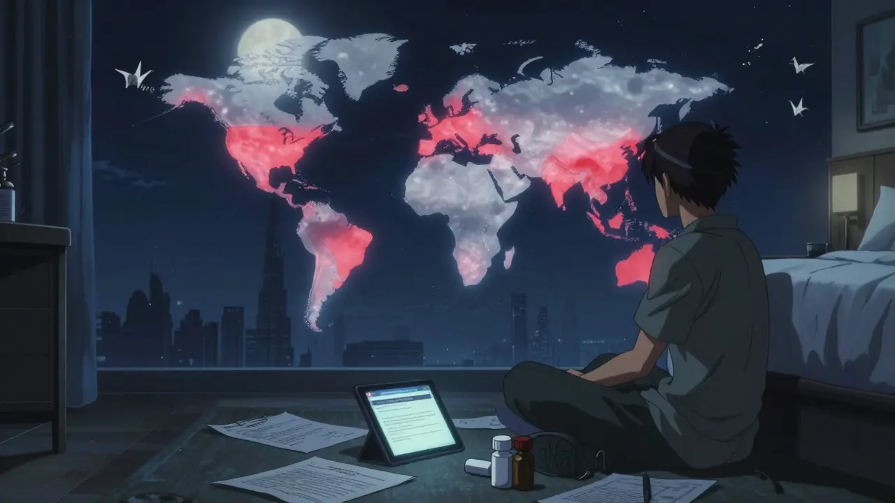 Traveler in Dubai hotel room surrounded by medical documents and glowing world map at night.