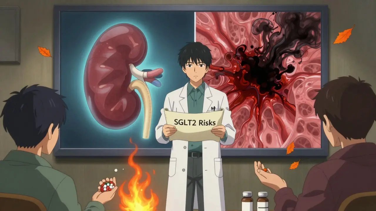 A doctor holding a risk scroll, split vision of healthy vs infected kidney, patients choosing alternatives.