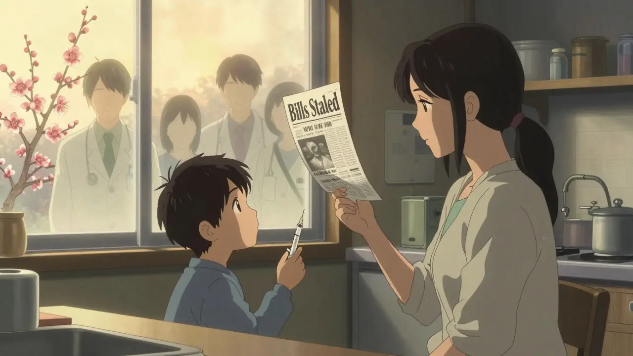 A family in a kitchen with an empty insulin pen as ghostly figures of healthcare workers stand behind them at dawn.