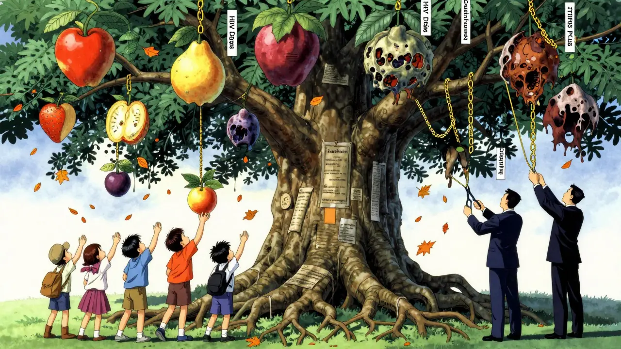 A giant tree bears medicine fruit — half vibrant, half rotting — chained by TRIPS-Plus threads, children reach up as lawyers cut branches.