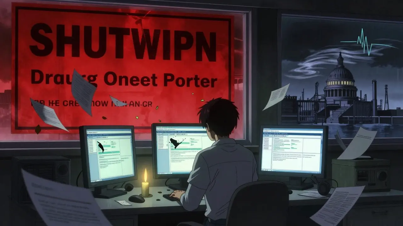 A lone FDA worker in a dark office surrounded by broken screens and scattered reports during the government shutdown.