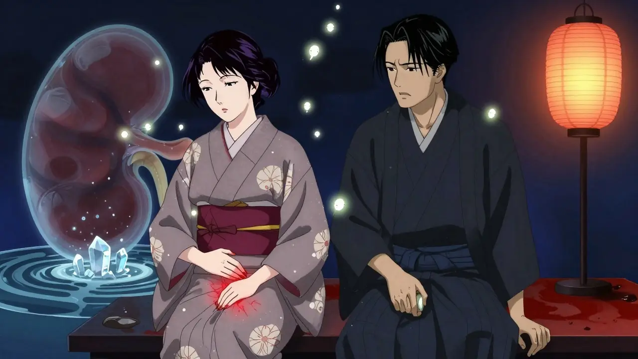 A man and woman showing signs of yeast infection, glowing Candida spores drifting around them.