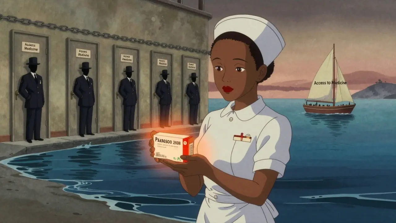 A nurse holds generic HIV meds at ocean's edge, behind her 78 locked doors guarded by corporate figures, a single boat sails toward hope.