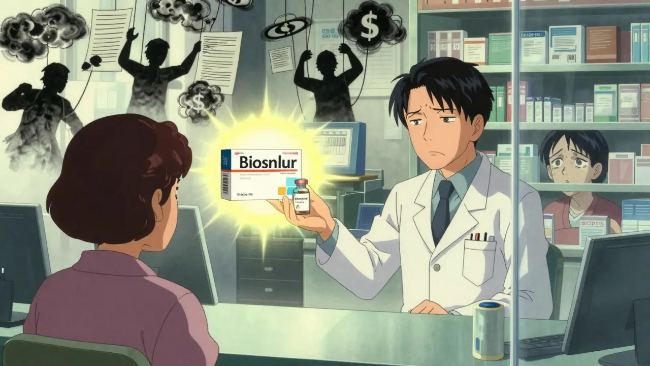 A patient receives a biosimilar at a pharmacy while the brand-name drug glows prominently above, shadowy figures manipulate the scene.