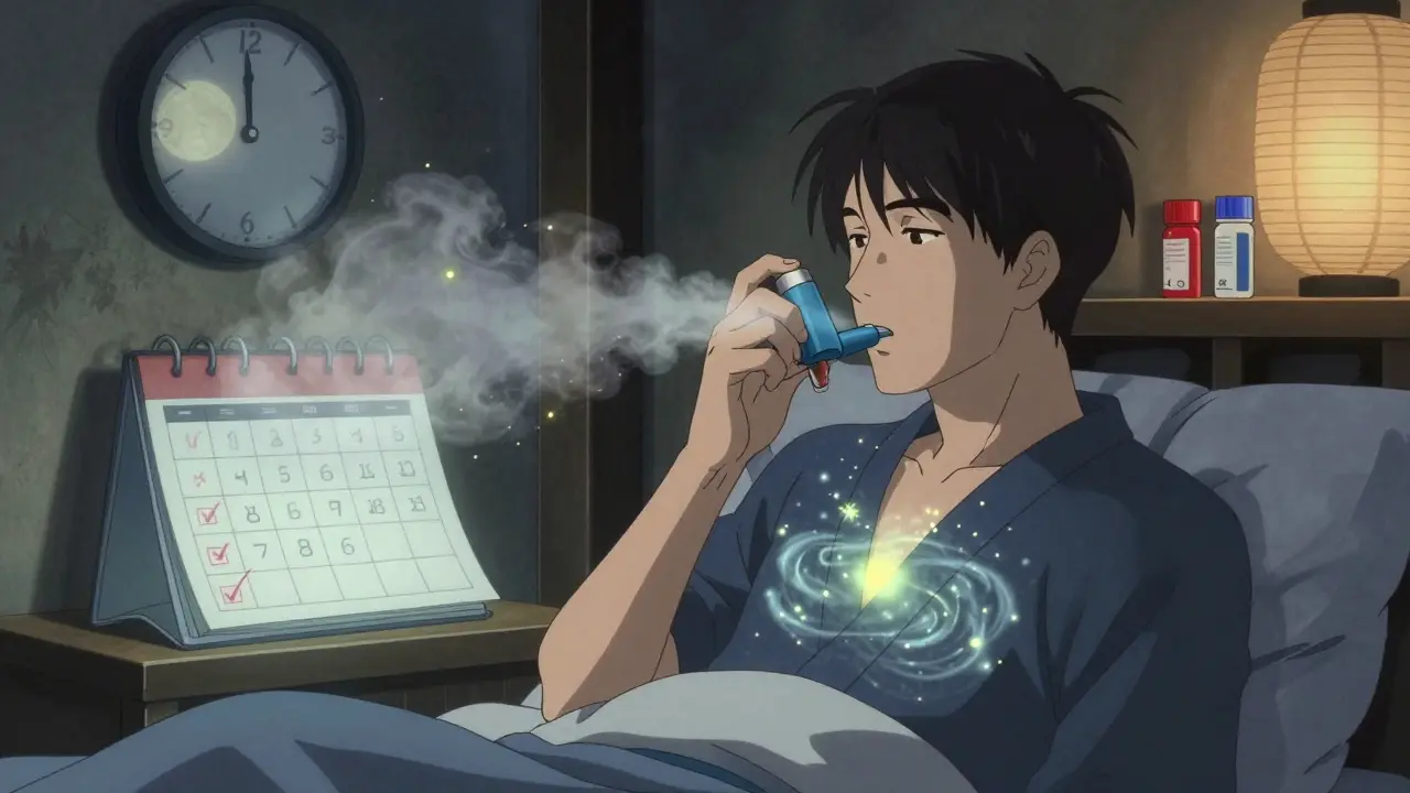 A person uses a blue maintenance inhaler at night, with glowing mist and firefly-like particles entering their chest under moonlight.