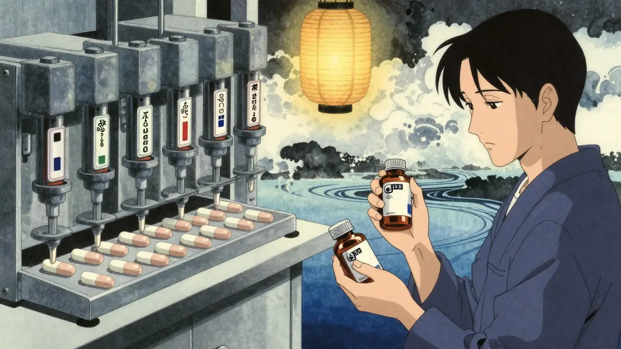 A pharmaceutical lab producing identical pills with two labels, patient holding both bottles peacefully.