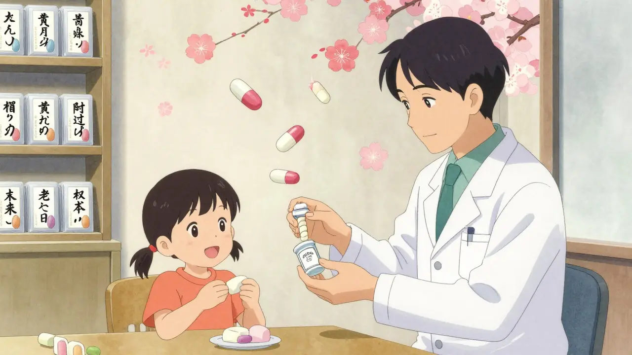 A pharmacist teaching a child to swallow a tablet using the pop-bottle method, with floating tablets turning into cherry blossoms in the background.